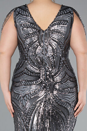 Kısa Kol V Yaka Uzun Pul Payet Büyük Beden Abiye ABU4952