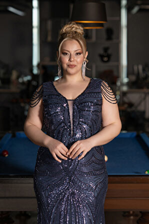 Kısa Kol V Yaka Uzun Pul Payet Büyük Beden Abiye ABU4952