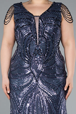 Kısa Kol V Yaka Uzun Pul Payet Büyük Beden Abiye ABU4952