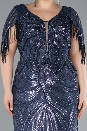 Kısa Kol V Yaka Uzun Pul Payet Büyük Beden Abiye ABU4953