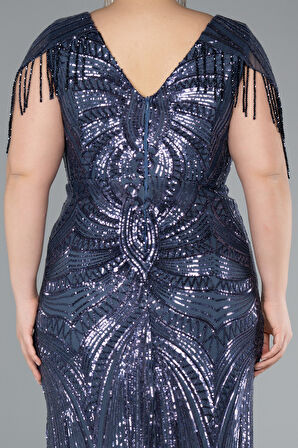 Kısa Kol V Yaka Uzun Pul Payet Büyük Beden Abiye ABU4953