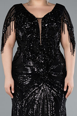 Kısa Kol V Yaka Uzun Pul Payet Büyük Beden Abiye ABU4953