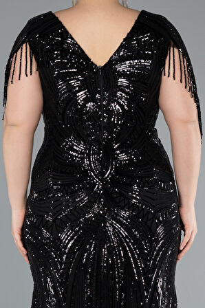 Kısa Kol V Yaka Uzun Pul Payet Büyük Beden Abiye ABU4953