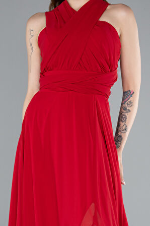 Bacak Dekolteli Uzun Şifon Mezuniyet Elbisesi ABU4965