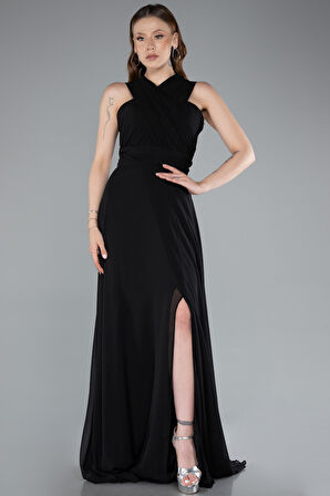 Bacak Dekolteli Uzun Şifon Mezuniyet Elbisesi ABU4965