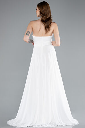 Straplez Bacak Dekolteli Uzun Şifon Mezuniyet Elbisesi ABU4966