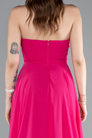 Straplez Bacak Dekolteli Uzun Şifon Mezuniyet Elbisesi ABU4966