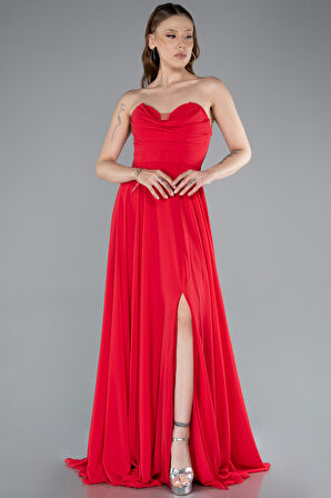 Straplez Bacak Dekolteli Uzun Şifon Mezuniyet Elbisesi ABU4966