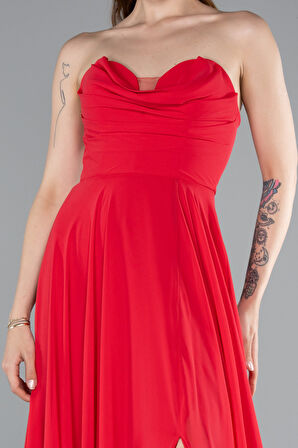 Straplez Bacak Dekolteli Uzun Şifon Mezuniyet Elbisesi ABU4966