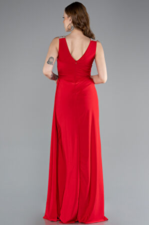 Kolsuz V Yaka Yırtmaçlı Uzun Abiye Elbise ABU4967