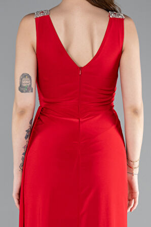 Kolsuz V Yaka Yırtmaçlı Uzun Abiye Elbise ABU4967