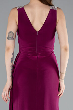 Kolsuz V Yaka Yırtmaçlı Uzun Abiye Elbise ABU4967