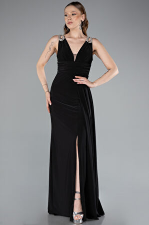 Kolsuz V Yaka Yırtmaçlı Uzun Abiye Elbise ABU4967