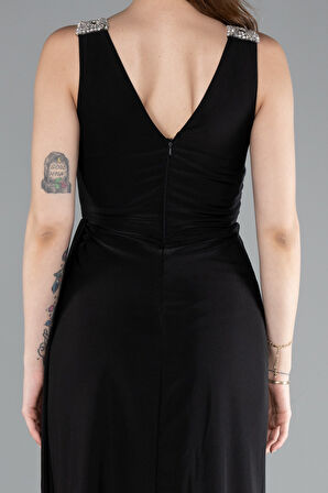 Kolsuz V Yaka Yırtmaçlı Uzun Abiye Elbise ABU4967