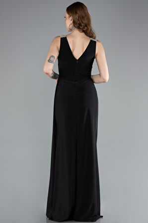 Kolsuz V Yaka Yırtmaçlı Uzun Abiye Elbise ABU4967