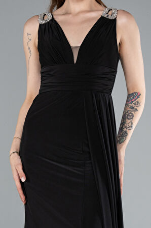 Kolsuz V Yaka Yırtmaçlı Uzun Abiye Elbise ABU4967