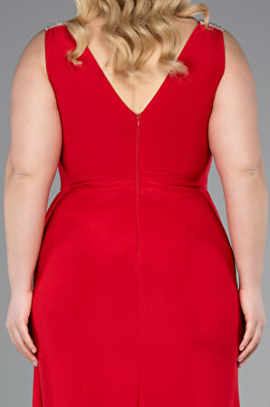 Kolsuz V Yaka Yırtmaçlı Uzun Büyük Beden Abiye ABU4968