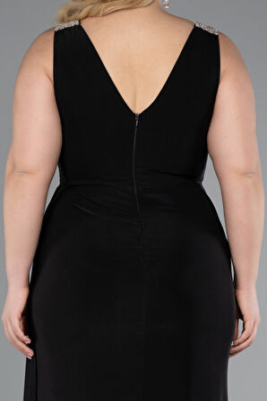 Kolsuz V Yaka Yırtmaçlı Uzun Büyük Beden Abiye ABU4968