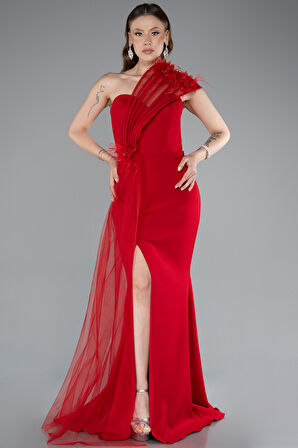 Tek Omuz Çiçek Aksesuarlı Yırtmaçlı Uzun Abiye ABU4969