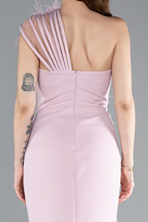 Tek Omuz Çiçek Aksesuarlı Yırtmaçlı Uzun Abiye ABU4969