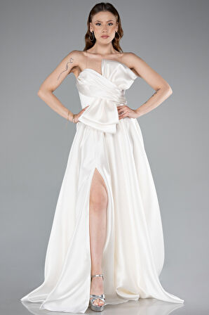 Straplez Bacak Dekolteli Uzun Saten Abiye Elbise ABU4975