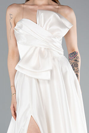 Straplez Bacak Dekolteli Uzun Saten Abiye Elbise ABU4975