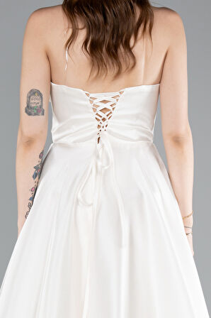 Straplez Bacak Dekolteli Uzun Saten Abiye Elbise ABU4975