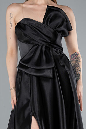 Straplez Bacak Dekolteli Uzun Saten Abiye Elbise ABU4975