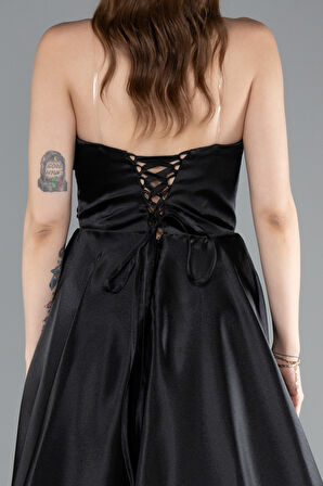 Straplez Bacak Dekolteli Uzun Saten Abiye Elbise ABU4975