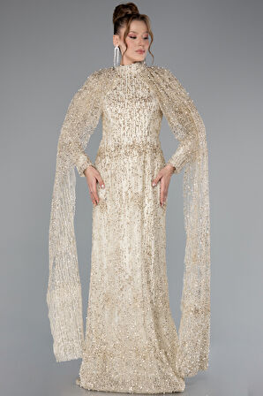 Uzun Kol Şallı Dik Yaka Pullu Tesettür Abiye ABU4993