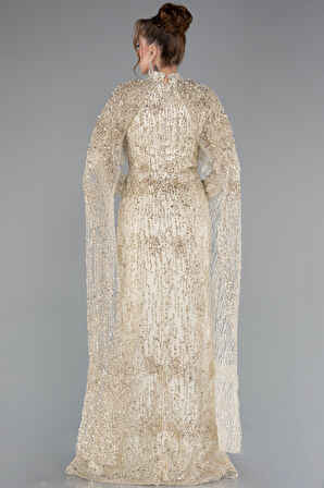 Uzun Kol Şallı Dik Yaka Pullu Tesettür Abiye ABU4993