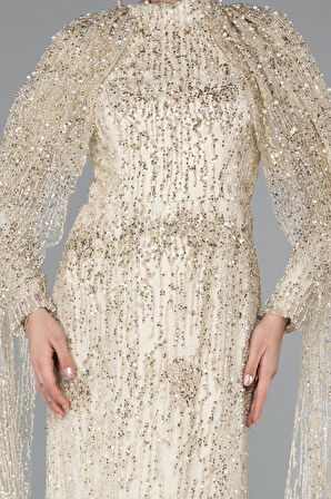 Uzun Kol Şallı Dik Yaka Pullu Tesettür Abiye ABU4993