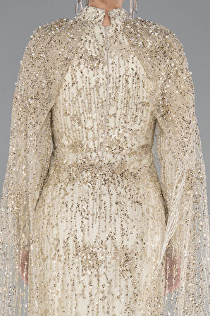 Uzun Kol Şallı Dik Yaka Pullu Tesettür Abiye ABU4993