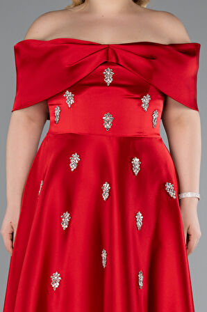 Kayık Yaka Taşlı Uzun Saten Büyük Beden Abiye ABU4998