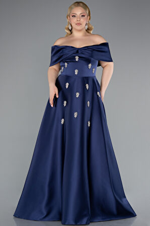 Kayık Yaka Taşlı Uzun Saten Büyük Beden Abiye ABU4998