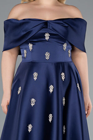 Kayık Yaka Taşlı Uzun Saten Büyük Beden Abiye ABU4998