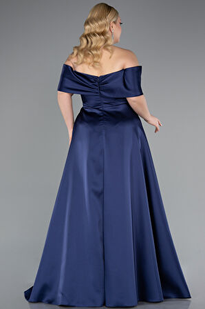 Kayık Yaka Taşlı Uzun Saten Büyük Beden Abiye ABU4998