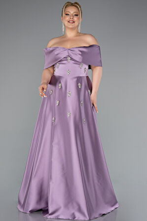 Kayık Yaka Taşlı Uzun Saten Büyük Beden Abiye ABU4998