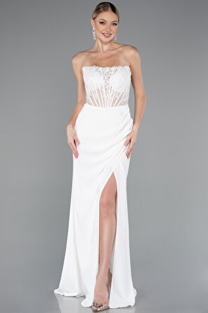 Straplez Güpür Aplikeli Yırtmaçlı Uzun Abiye Elbise ABU5001