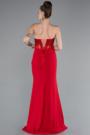 Straplez Güpür Aplikeli Yırtmaçlı Uzun Abiye Elbise ABU5001