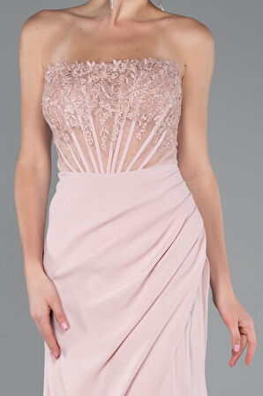 Straplez Güpür Aplikeli Yırtmaçlı Uzun Abiye Elbise ABU5001