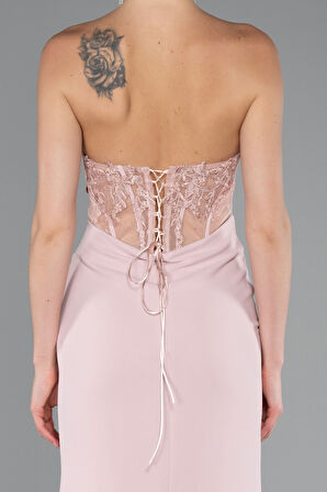 Straplez Güpür Aplikeli Yırtmaçlı Uzun Abiye Elbise ABU5001