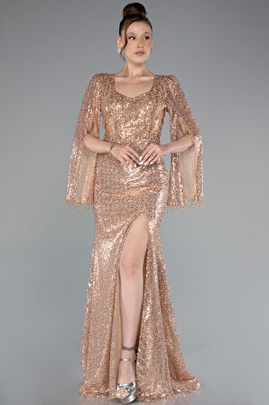 Bacak Dekolteli Şal Kol Uzun Boncuklu Abiye ABU5002