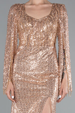 Bacak Dekolteli Şal Kol Uzun Boncuklu Abiye ABU5002