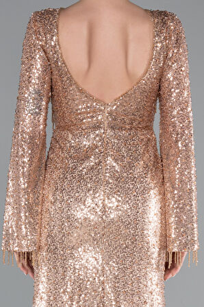 Bacak Dekolteli Şal Kol Uzun Boncuklu Abiye ABU5002