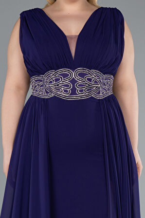 Kolsuz Beli Taşlı Yırtmaçlı Uzun Şifon Büyük Beden Abiye ABU5006