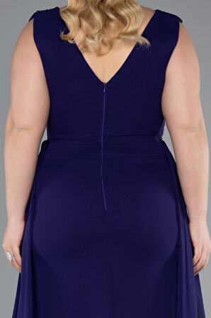 Kolsuz Beli Taşlı Yırtmaçlı Uzun Şifon Büyük Beden Abiye ABU5006