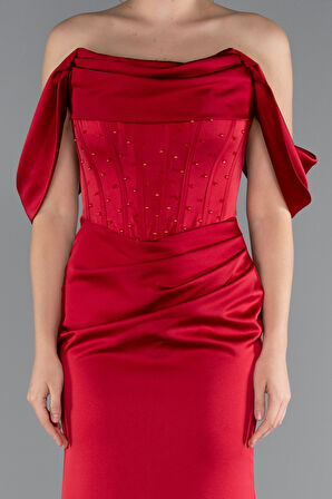 Kayık Yaka Taşlı Balen Korse Detay Uzun Saten Abiye ABU5017