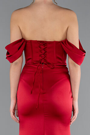 Kayık Yaka Taşlı Balen Korse Detay Uzun Saten Abiye ABU5017