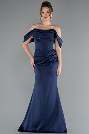 Kayık Yaka Taşlı Balen Korse Detay Uzun Saten Abiye ABU5017